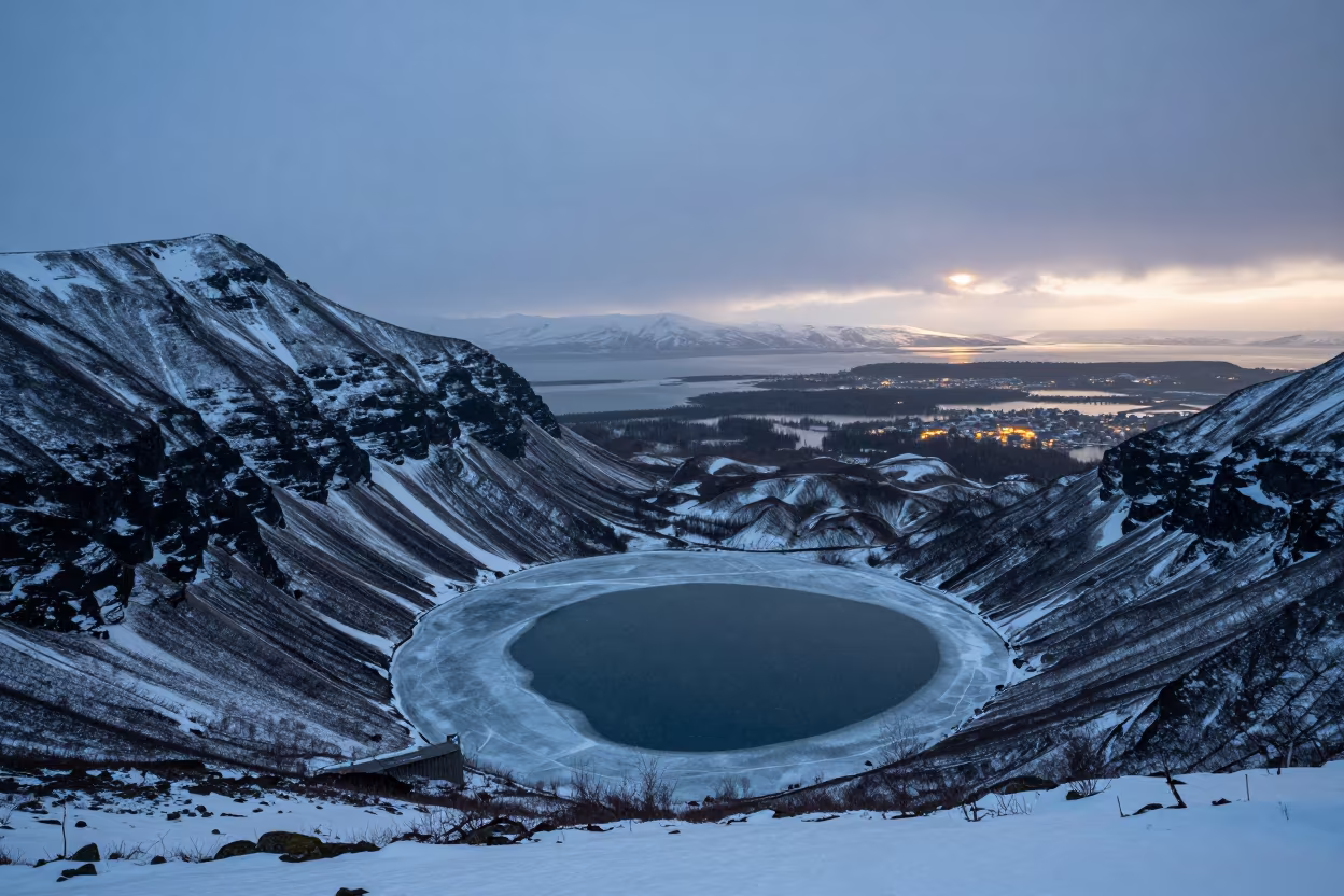 Alaskan Cirque Tarn in Endless Summer Twilight in across a floodplain after rain in Alaska