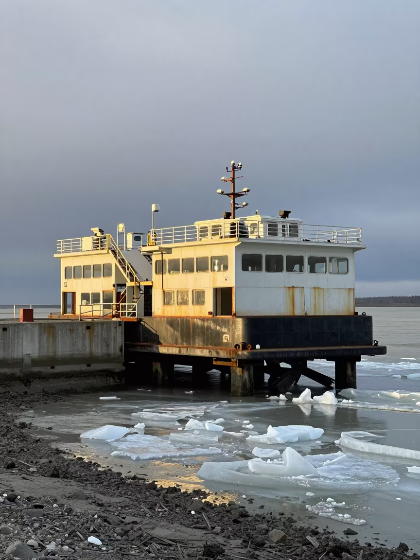 Alaskan Ferry Ramp Golden Hour Low Tide in along a dam spillway in Alaska