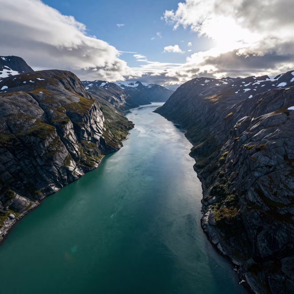 Alaskan Fjord Emerald Waters Steep Walls Aerial View in far above river meanders in Alaska