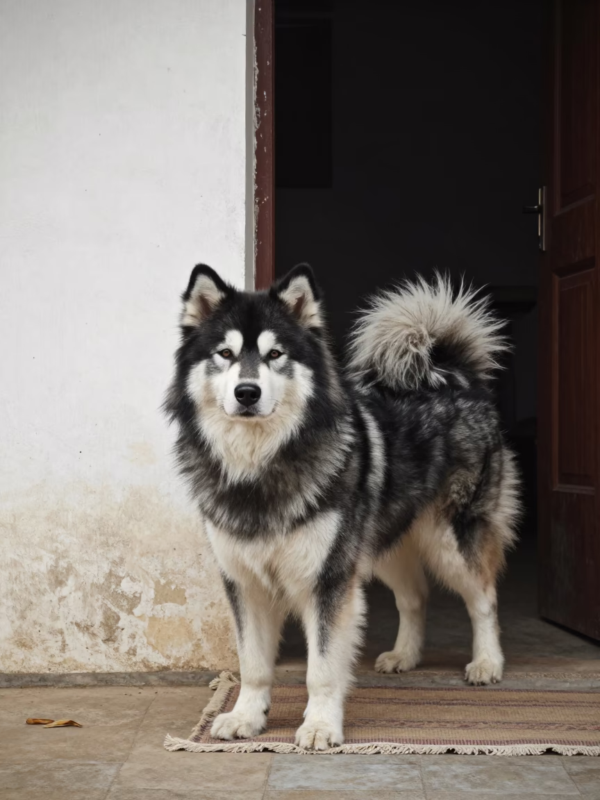 Alaskan Klee Kai in Lome Courtyard in beside a plain courtyard wall in clear daylight with the animal at eye level in Lome