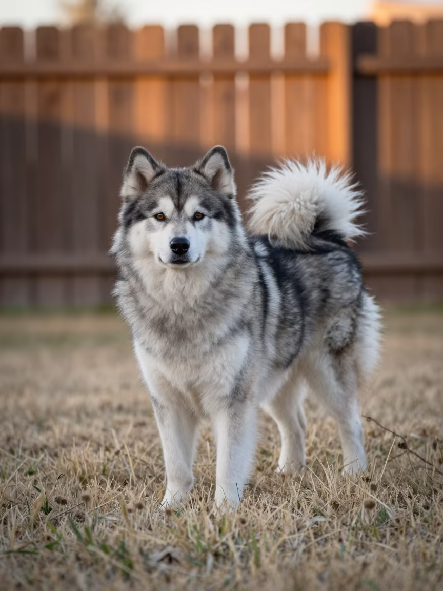 Alaskan Klee Kai in Santa Cruz Dry Season Yard in in a small yard with clipped grass, calm light, and the animal centered in frame in Santa Cruz de la Sierra