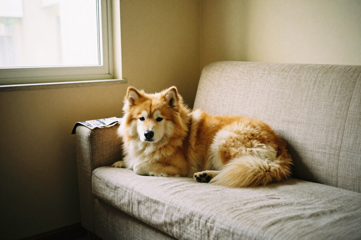 Alaskan Klee Kai on Linen Sofa in Multan Sunlight in on a linen sofa with daylight from a nearby window in Multan