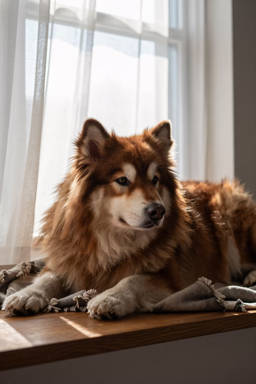 Alaskan Klee Kai on Quito Window Seat in on a window seat in a quiet apartment with soft side light in La Floresta, Quito