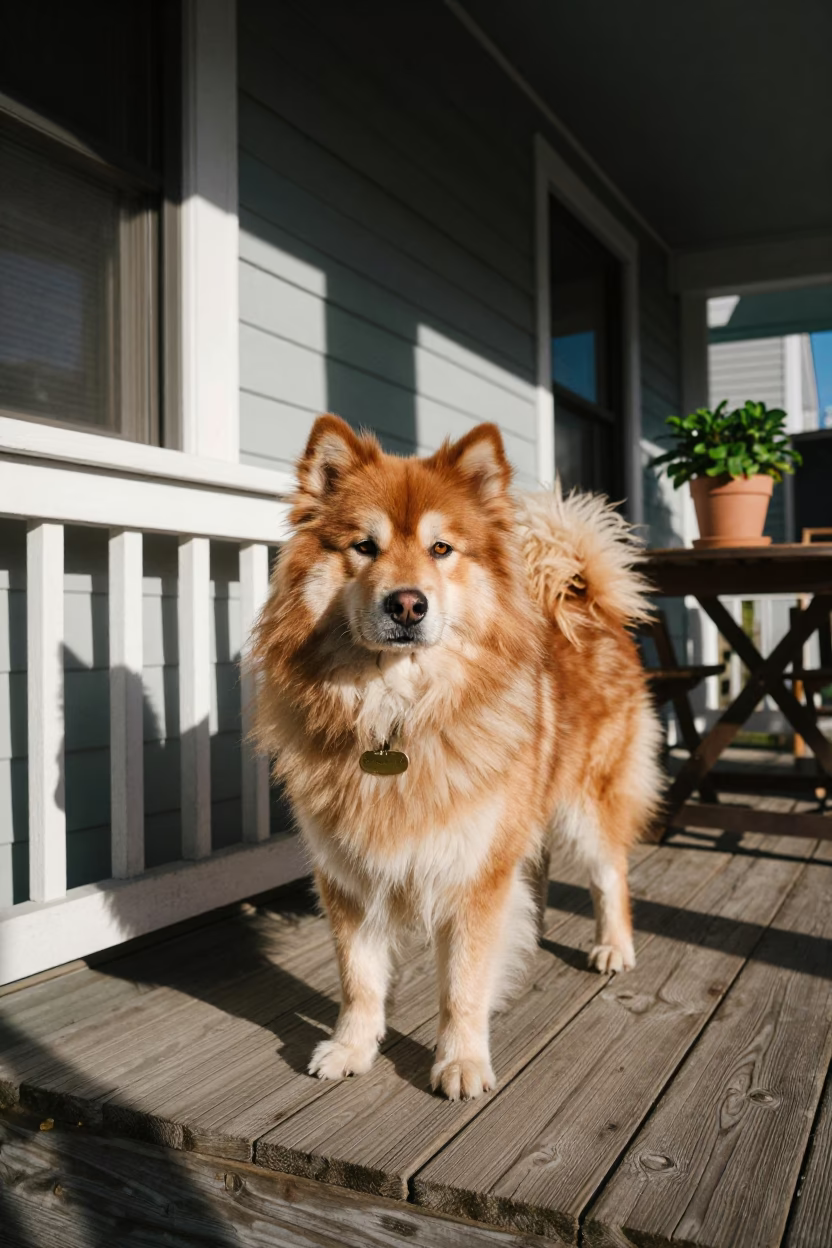 Alaskan Klee Kai on Shaded Milwaukee Porch in on a shaded front porch with boards, railings, and eye-level framing in Milwaukee