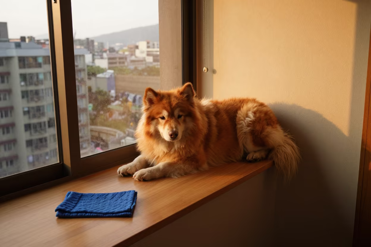 Alaskan Klee Kai on Taipei Window Seat at Sunset in on a window seat in a quiet apartment with soft side light in Taipei