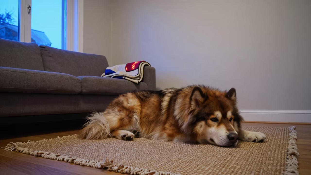 Alaskan Klee Kai on Woven Rug in Uppsala Home in on a woven rug beside a low couch and an uncluttered wall in Uppsala