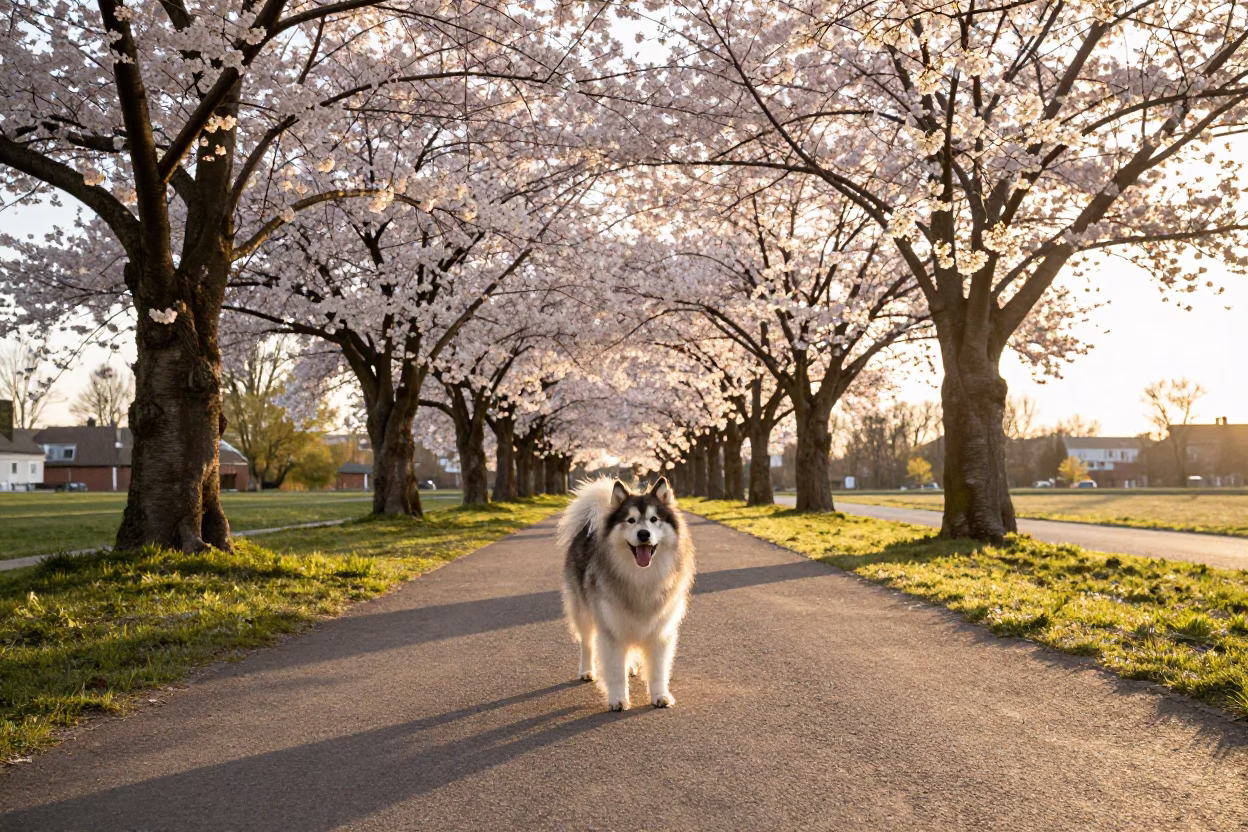 Alaskan Klee Kai playing near cherry blossom trees in Berlin at sunset in in Berlin, Germany