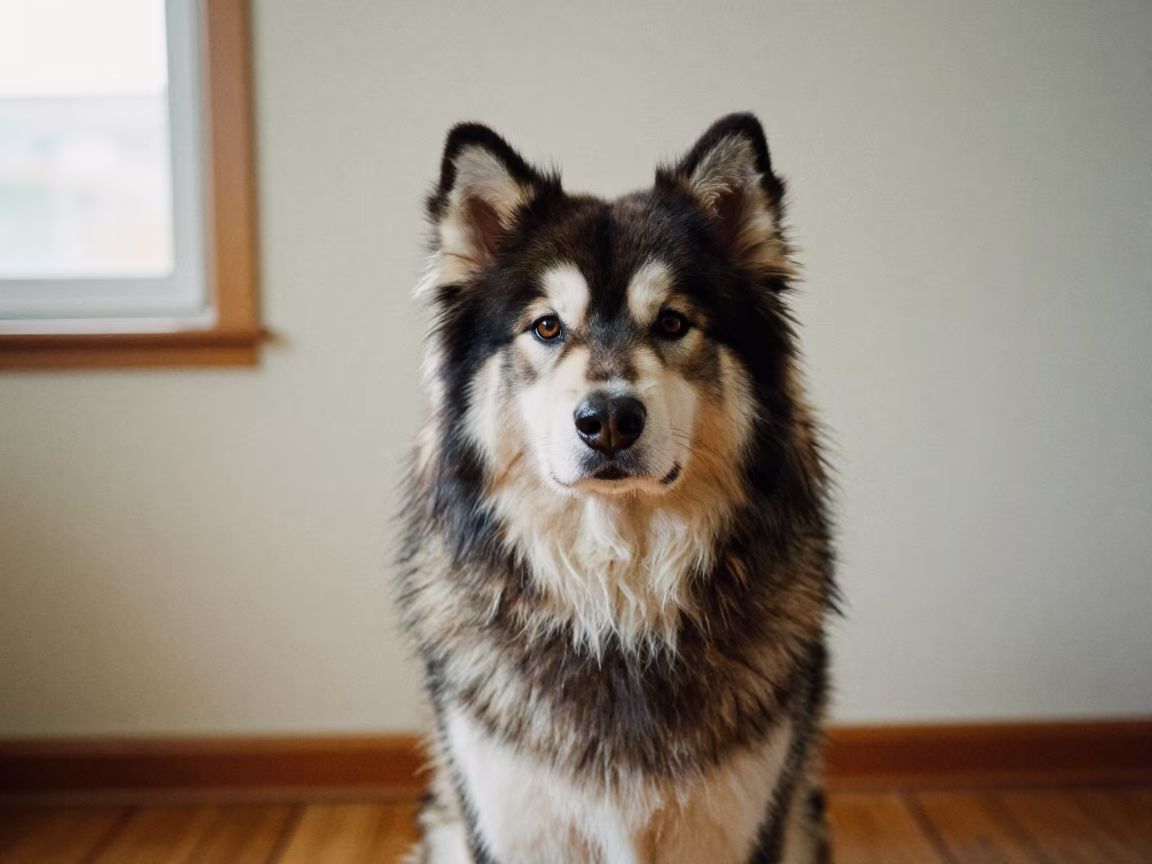 Alaskan Klee Kai Portrait Against Plaster Wall in beside a plain plaster wall in soft indoor light with the animal centered in frame in Huambo
