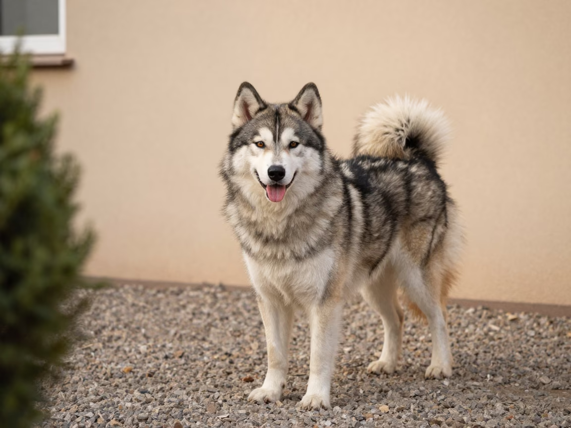 Alaskan Klee Kai Portrait in Garoua Courtyard in beside a plain courtyard wall in clear daylight with the animal at eye level in Garoua