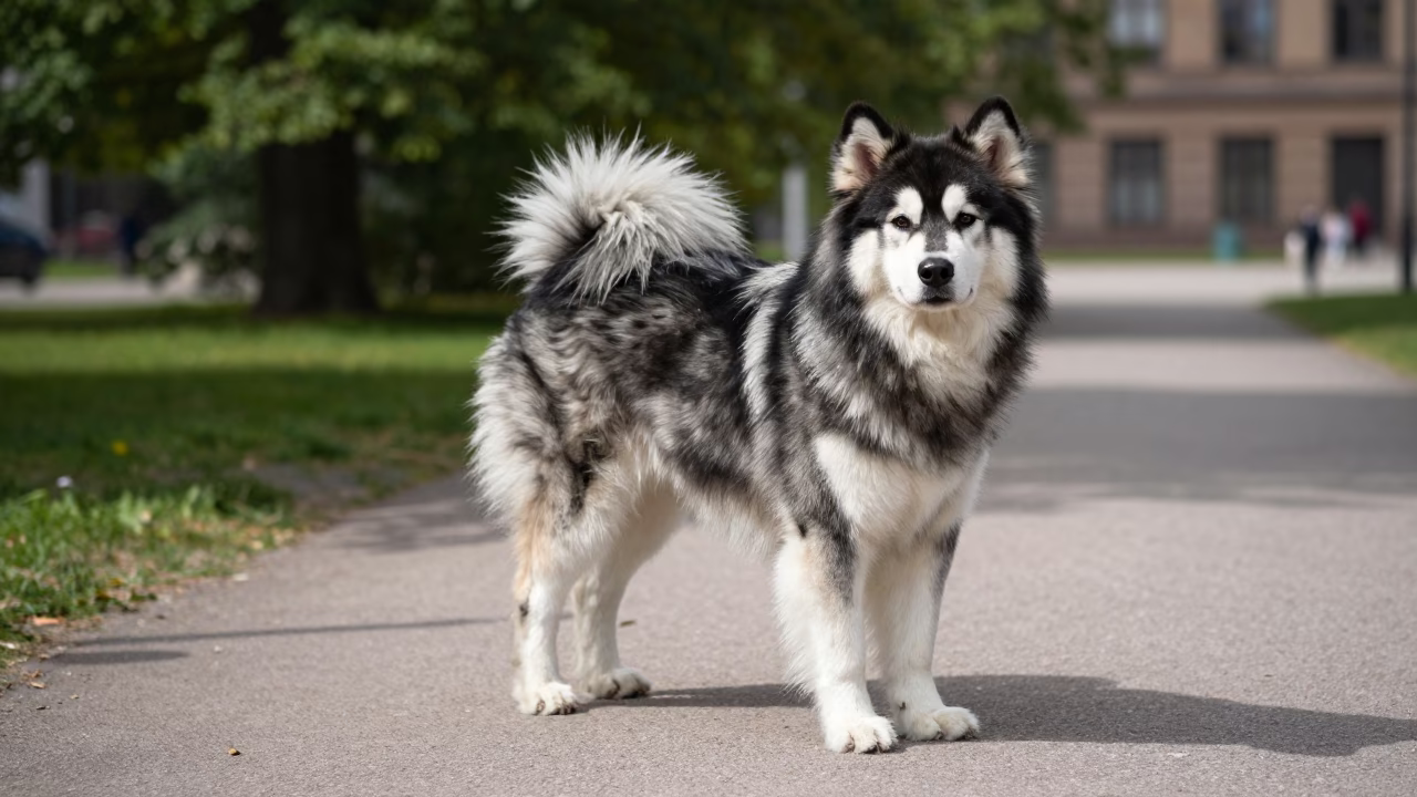 Alaskan Klee Kai Portrait in Gothenburg Park Shade in along a quiet park path with soft open shade and a clean background in Gothenburg