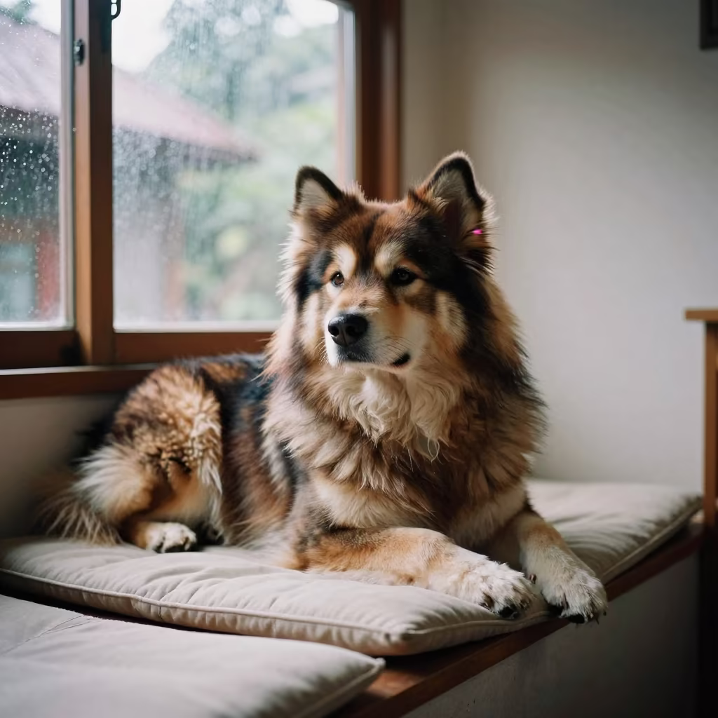 Alaskan Klee Kai Portrait on Window Seat in on a cushioned window seat with soft side light and an uncluttered background near Yogyakarta