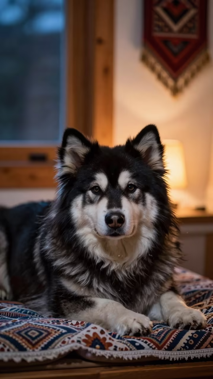 Alaskan Klee Kai Resting on Bedspread Near Window in on a bedspread near a bright window with calm indoor light near Kisangani