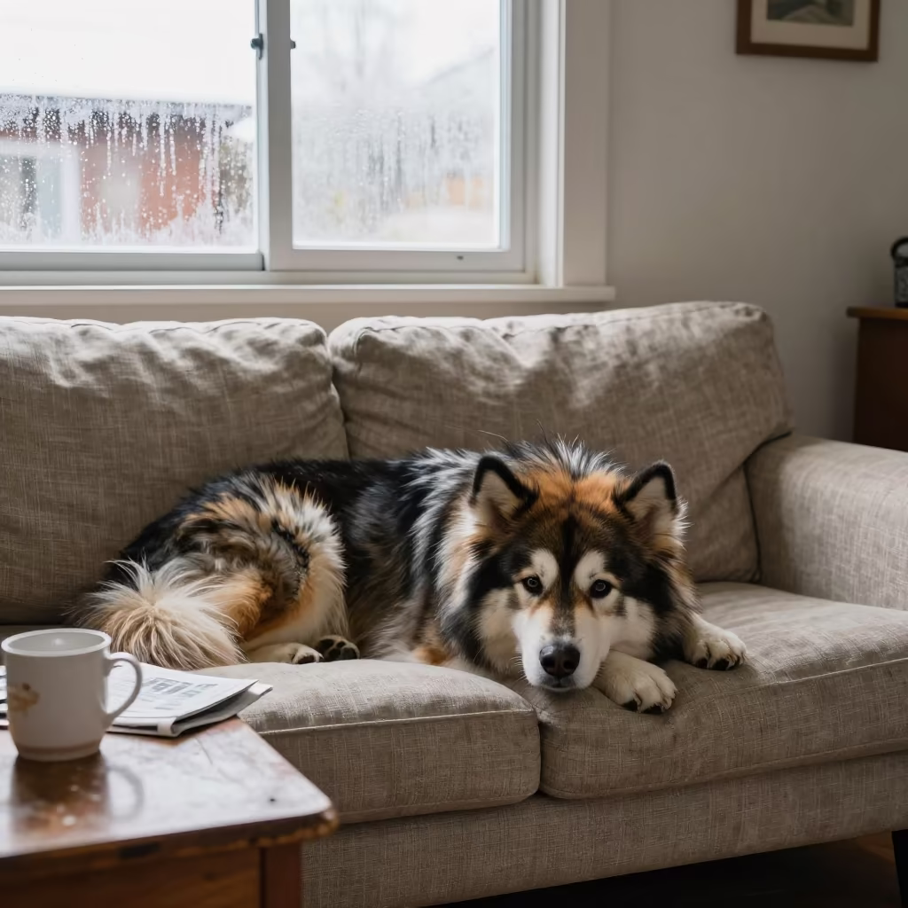 Alaskan Klee Kai Resting on Linen Sofa in on a linen sofa with daylight from a nearby window in Ho