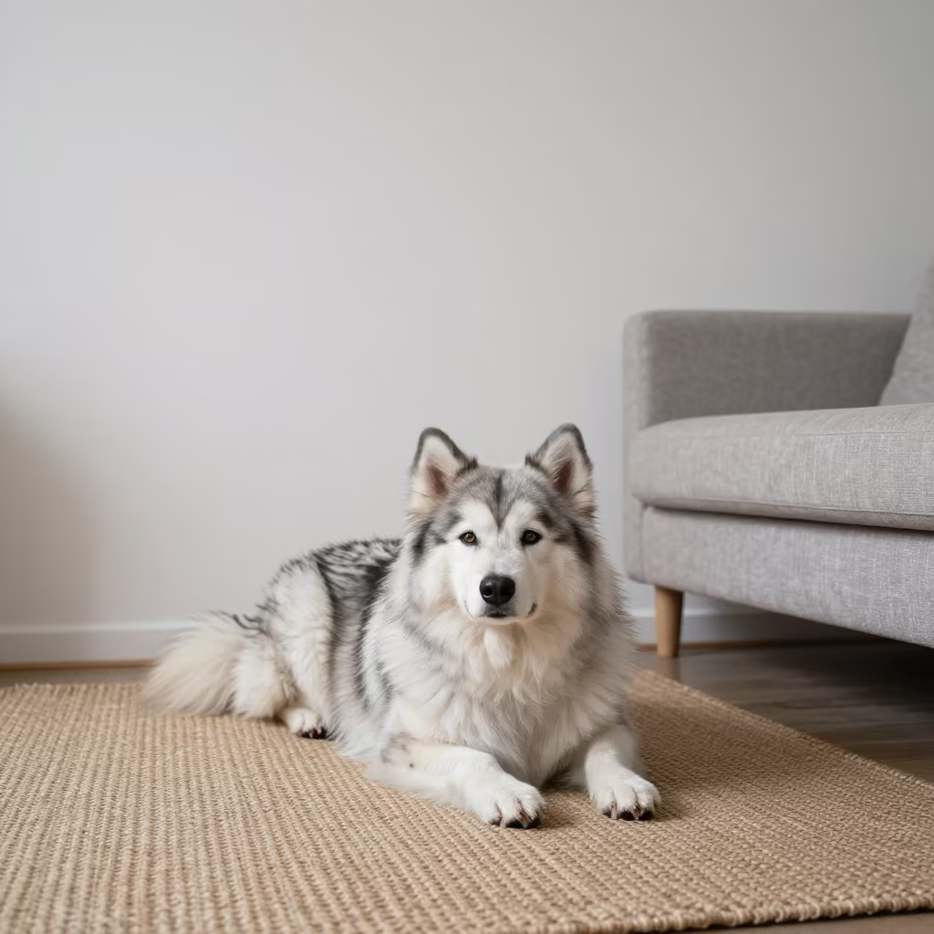 Alaskan Klee Kai Resting on Rug in Szczecin in on a woven rug beside a low couch and an uncluttered wall in Szczecin