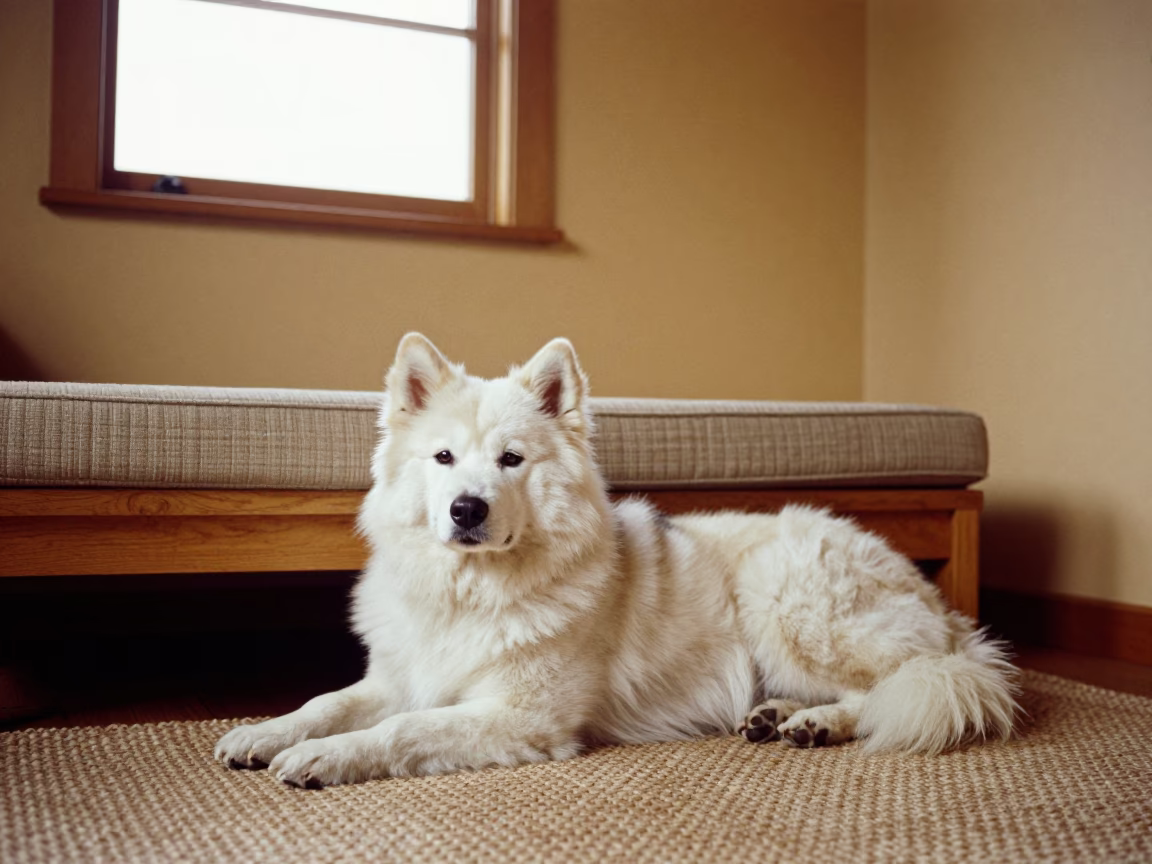 Alaskan Klee Kai Resting on Woven Rug at Home in on a woven rug beside a low couch and an uncluttered wall near Tegucigalpa