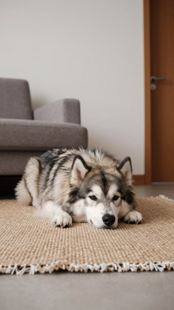 Alaskan Klee Kai Resting on Woven Rug in Ulm Home in on a woven rug beside a low couch and an uncluttered wall in Ulm