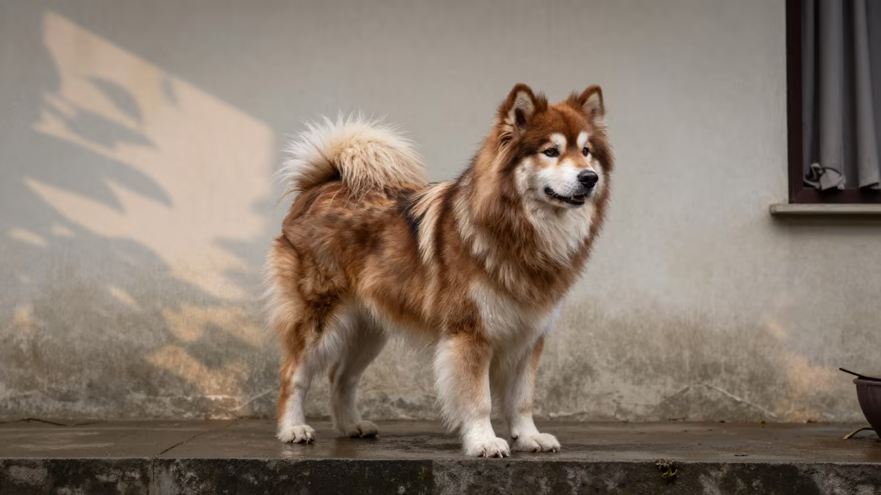 Alaskan Klee Kai Standing in Ghaziabad Drizzle in beside a plain courtyard wall in clear daylight with the animal at eye level near Ghaziabad