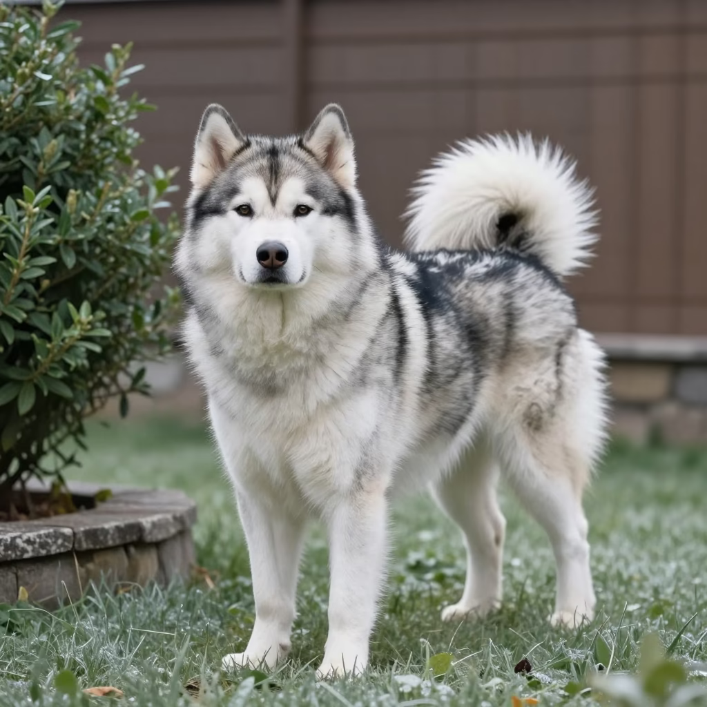 Alaskan Malamute in Essen Garden Morning in near a garden edge with soft morning light and an uncluttered background near Essen