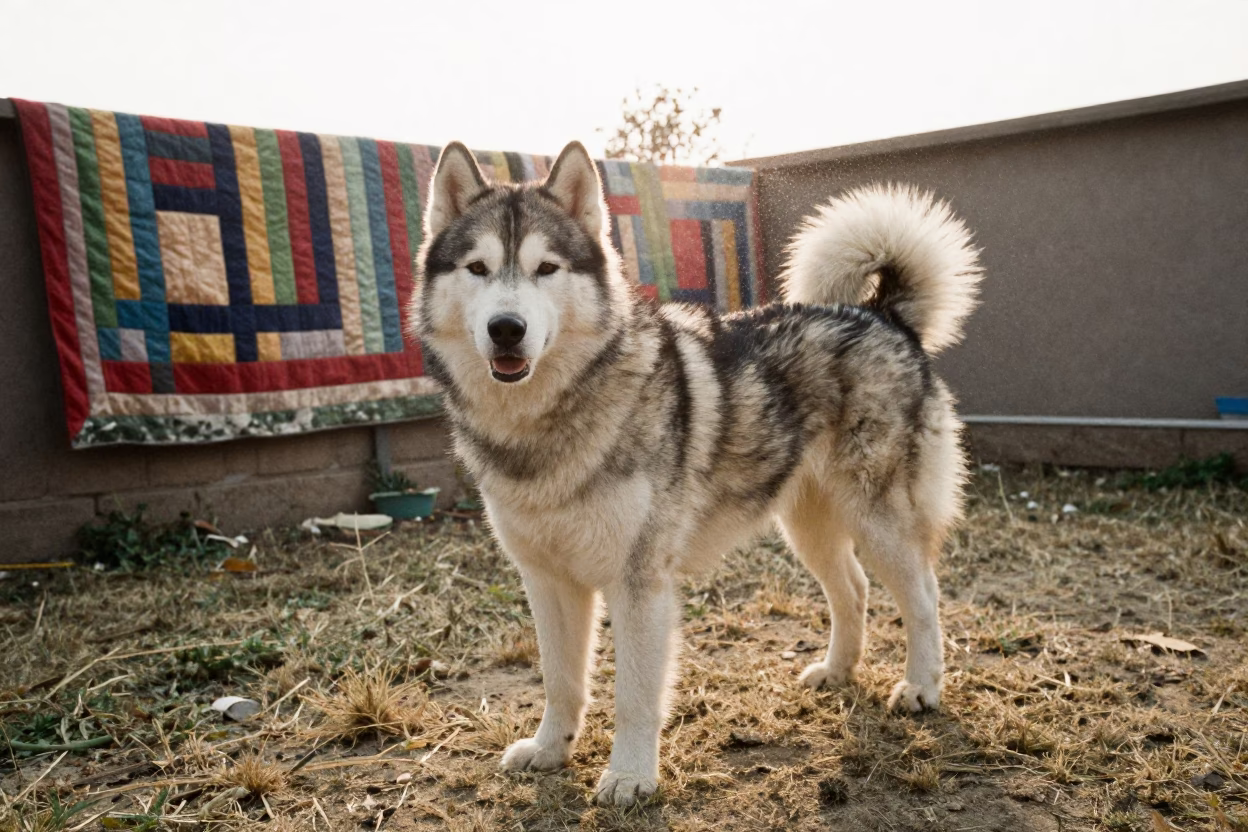 Alaskan Malamute in Gujranwala Garden Morning in near a garden edge with soft morning light and an uncluttered background in Gujranwala