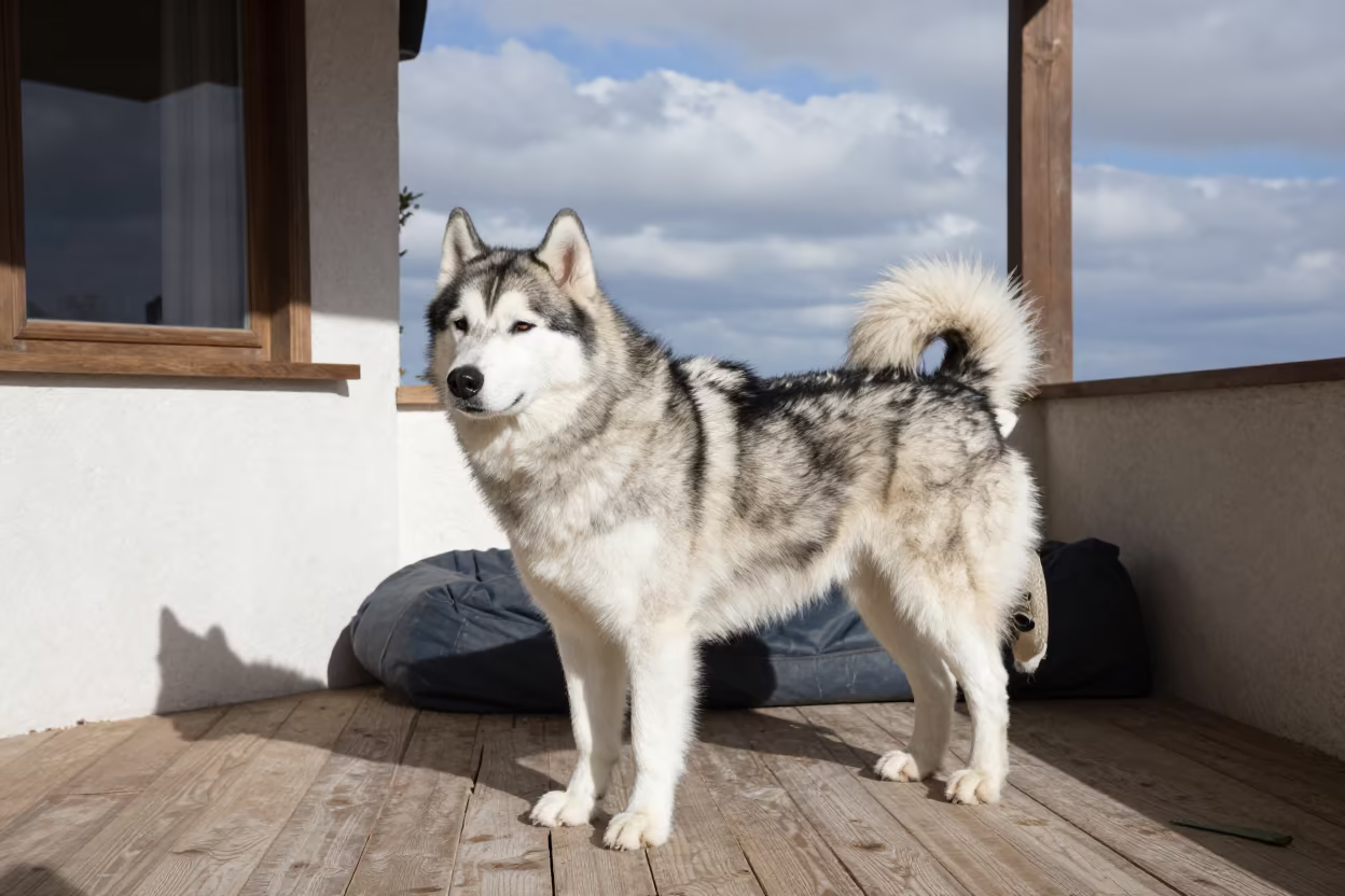 Alaskan Malamute on Béchar Porch in Spring Light in on a shaded front porch with boards, railings, and eye-level framing in Béchar