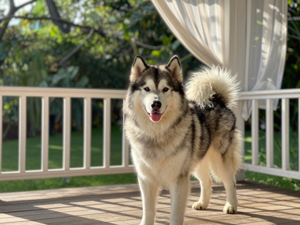 Alaskan Malamute on Brasilia Shaded Porch in on a shaded front porch with boards, railings, and eye-level framing near Brasilia