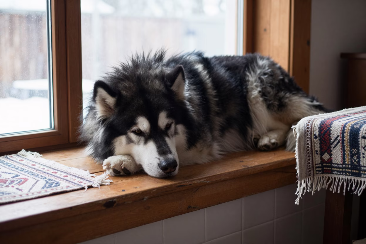 Alaskan Malamute on Window Seat in Lira Apartment in on a window seat in a quiet apartment with soft side light in Lira