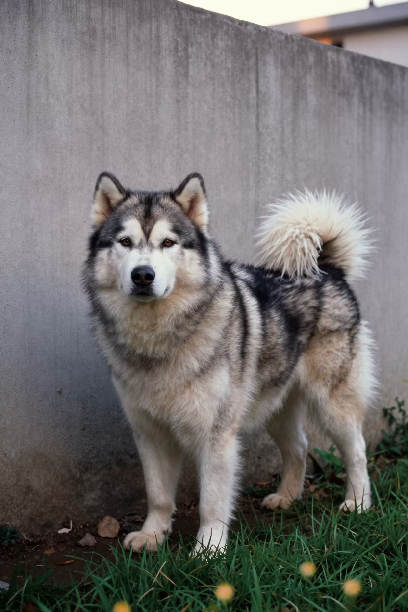 Alaskan Malamute Portrait in Bhilai Courtyard in beside a plain courtyard wall in clear daylight with the animal at eye level in Bhilai