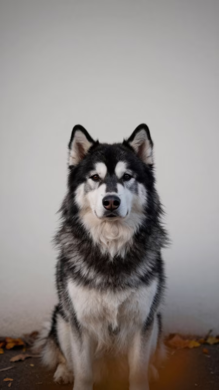 Alaskan Malamute Portrait in São Paulo Autumn in beside a plain plaster wall in soft indoor light with the animal centered in frame in São Paulo