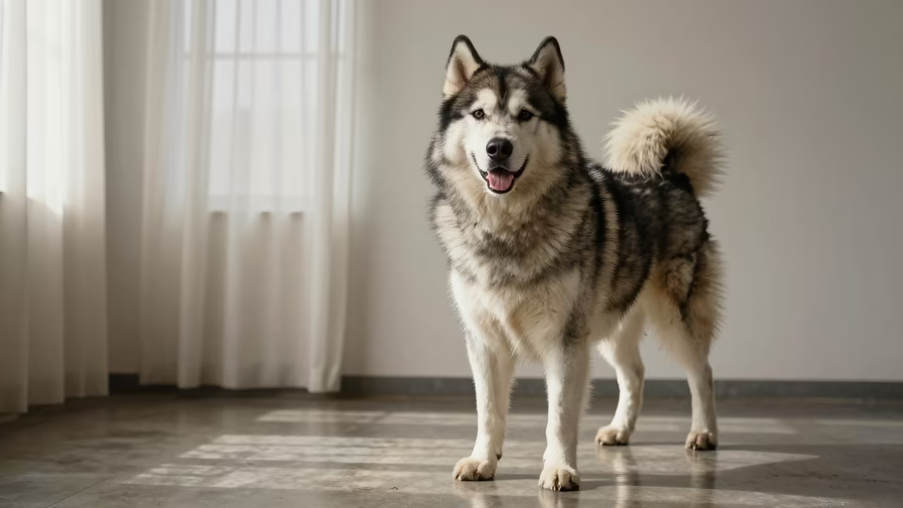 Alaskan Malamute Portrait in Tarapoto Studio in in a quiet portrait studio with a plain backdrop and eye-level framing in Tarapoto