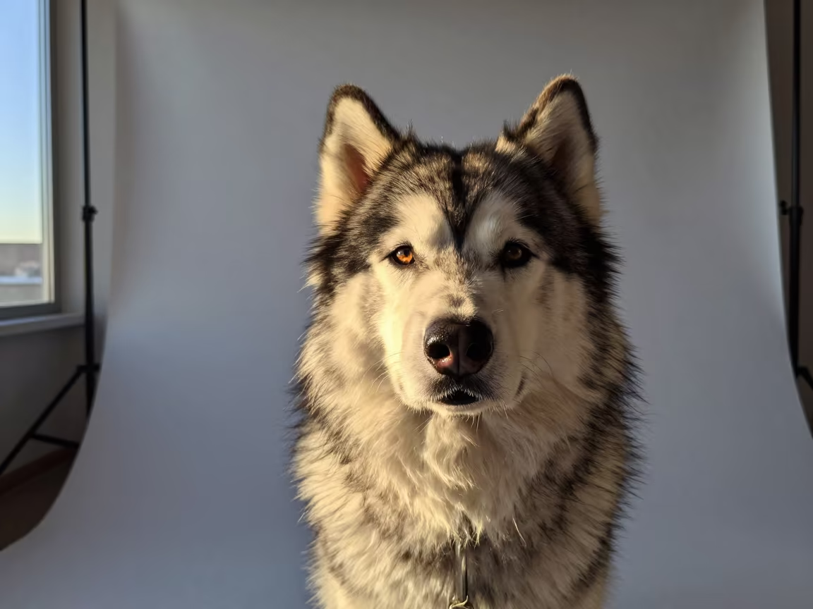 Alaskan Malamute Portrait in Windhoek Studio in in a quiet portrait studio with a plain backdrop and eye-level framing in Windhoek