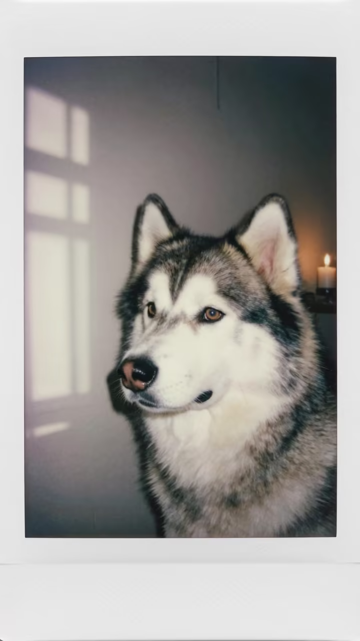 Alaskan Malamute Portrait Indoor Pavlodar in beside a plain plaster wall in soft indoor light with the animal centered in frame in Pavlodar