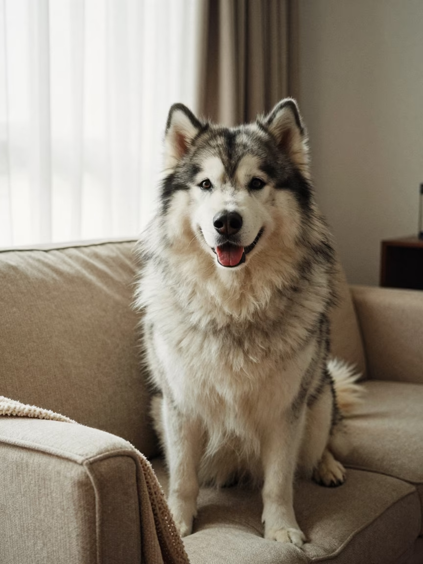 Alaskan Malamute Portrait on Sofa in on a sofa near a curtained window with calm indoor light near Kaohsiung