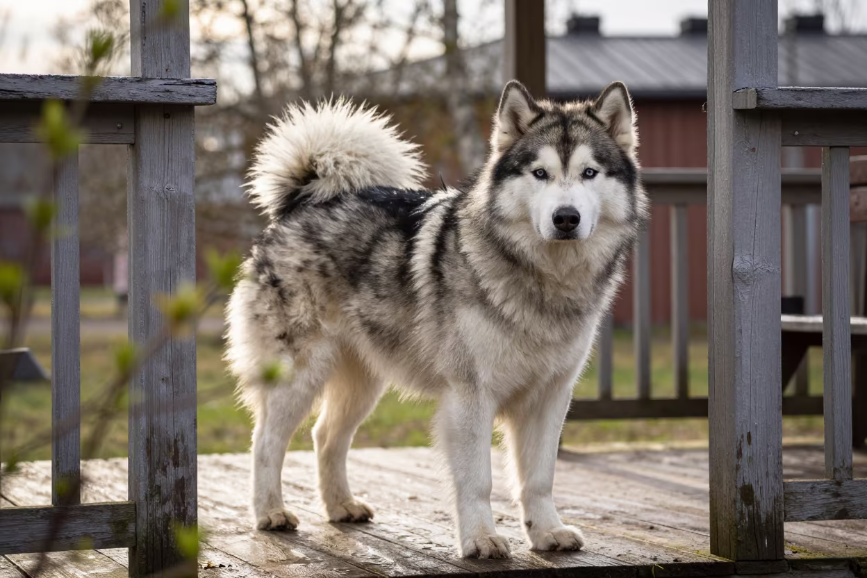 Alaskan Malamute Portrait on Vantaa Porch at Sunset in on a shaded front porch with boards, railings, and eye-level framing near Vantaa