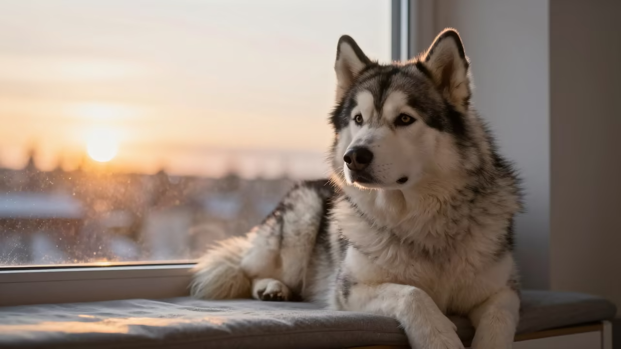 Alaskan Malamute Portrait on Window Seat at Sunset in on a cushioned window seat with soft side light and an uncluttered background in Tiflet