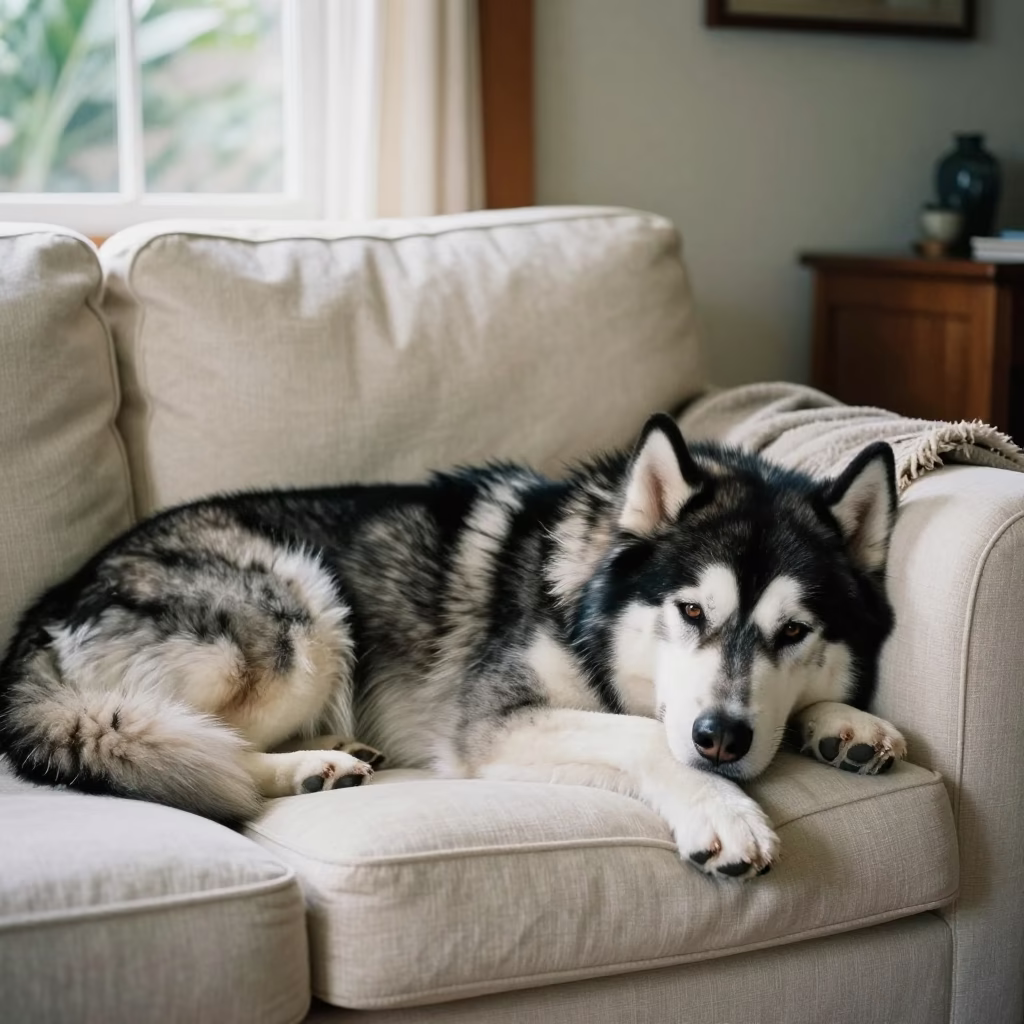 Alaskan Malamute Resting on Linen Sofa in Costa Rica in on a linen sofa with daylight from a nearby window in San Jose Costa Rica