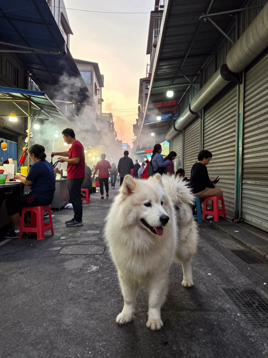 Alaskan Malamute with Owner in Taipei Night Market Dawn Street Scene in in Taipei, Taiwan