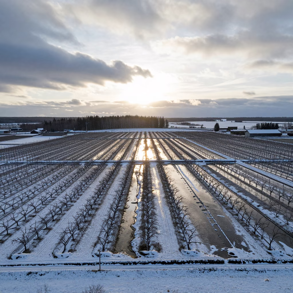 Alaskan Orchards Snow Ditches Summer Light in among terraced rice paddies in Alaska
