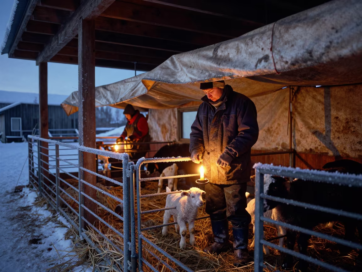 Alaskan Winter Lambing Pen Twilight Glow in inside a milking parlor in Alaska