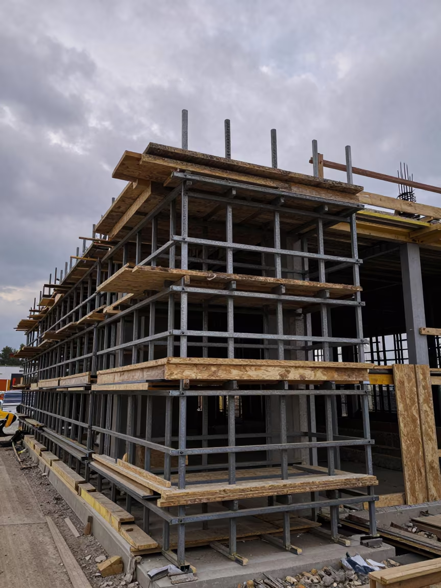 Albanian Construction Jack Stack at Dusk in along a scaffolded facade in Albania