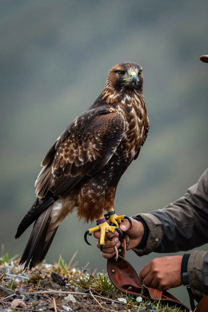 Albanian Falconer Hawk on Ridge in on a wind-scoured ridge in Albania