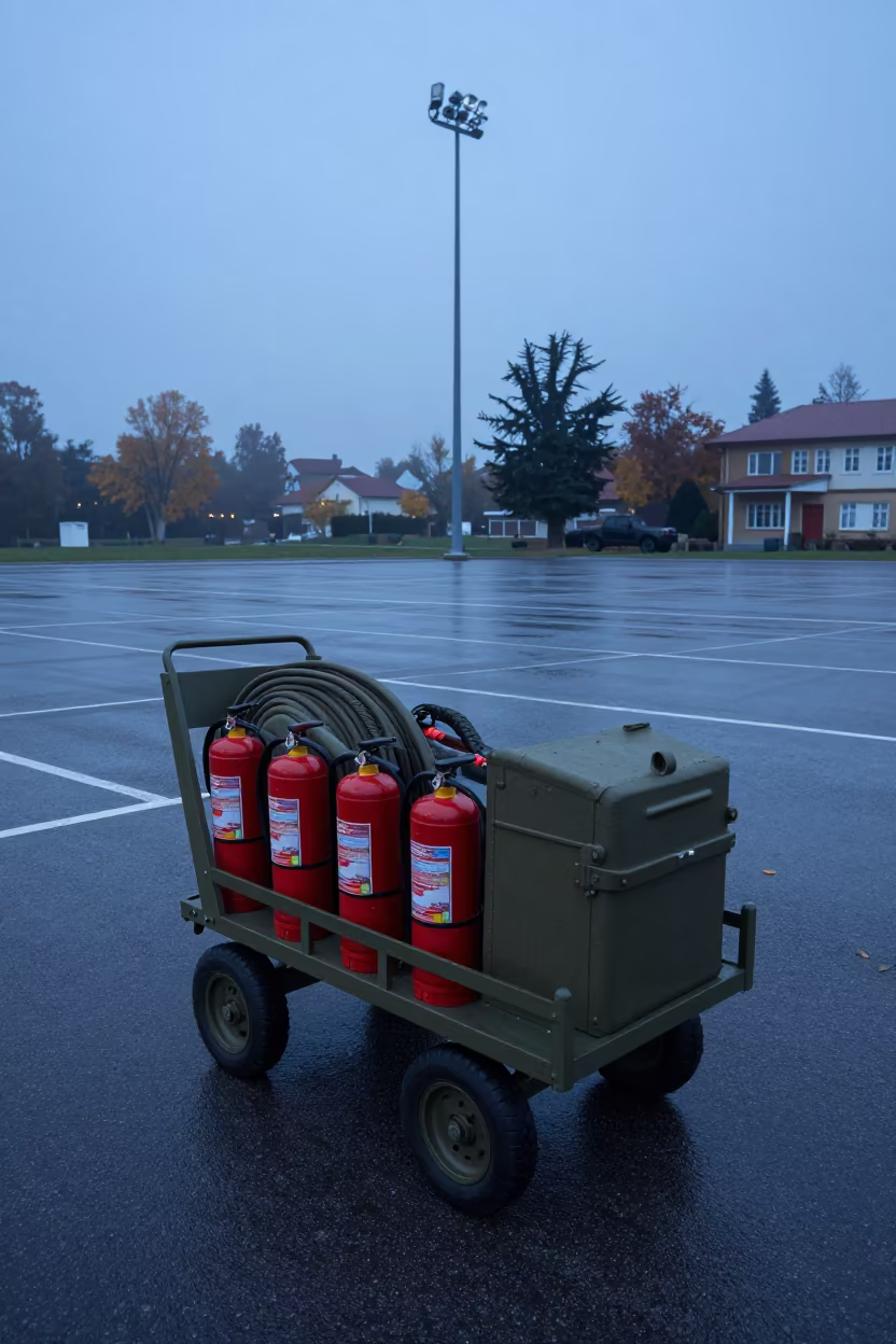 Albanian Helipad Foam Extinguisher Cart Twilight Fog in on a parade ground in Albania