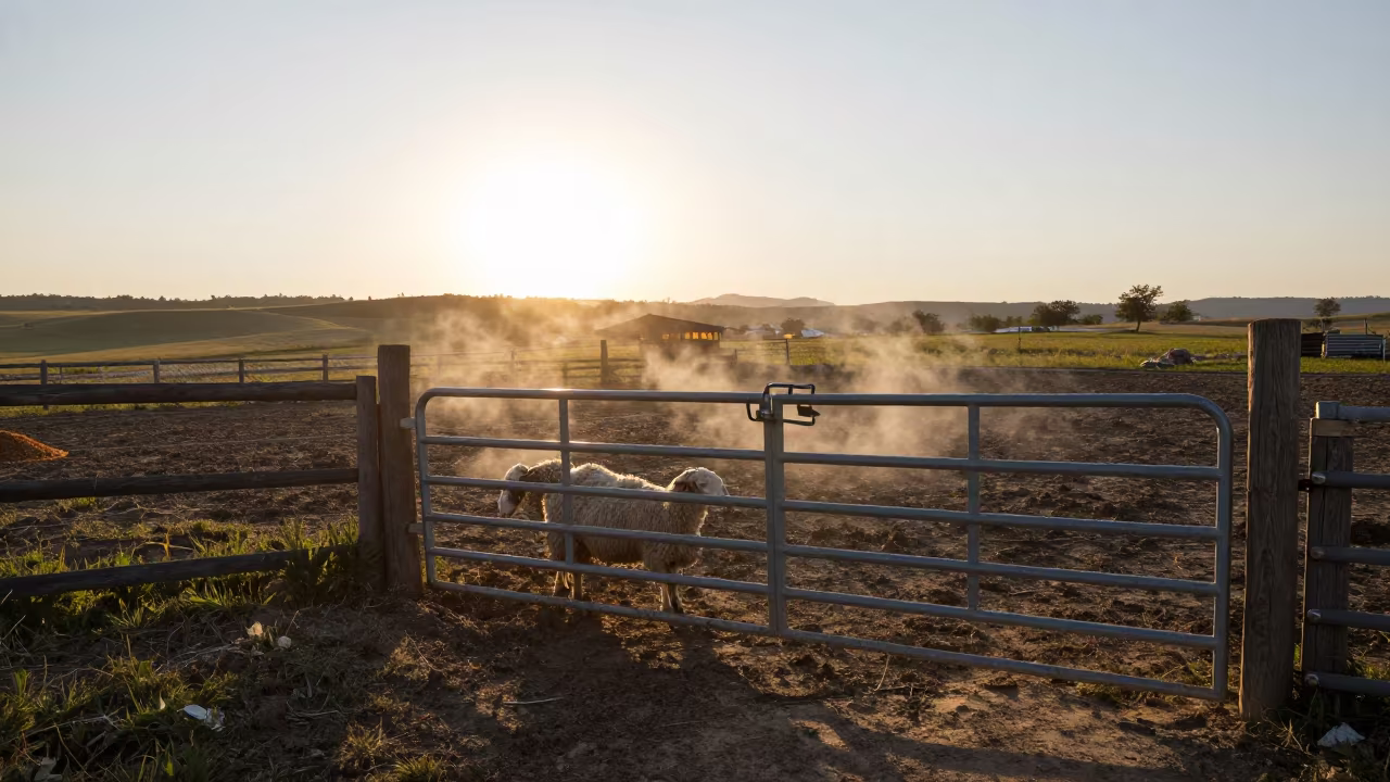 Albanian Sheep Gate Latch in Evening Firelight in along a muddy paddock fence in Albania