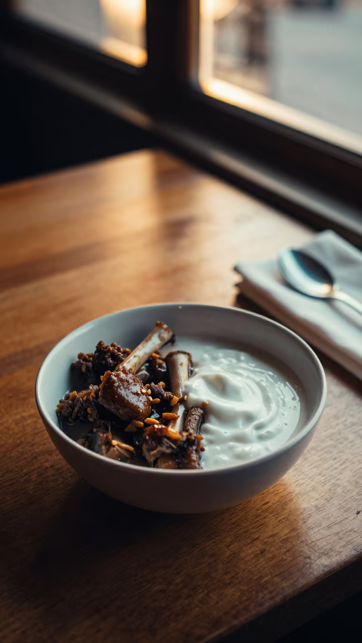 Albanian Tave Kosi Bowl in Golden Makassar Window in on a cafe table by a window in Makassar