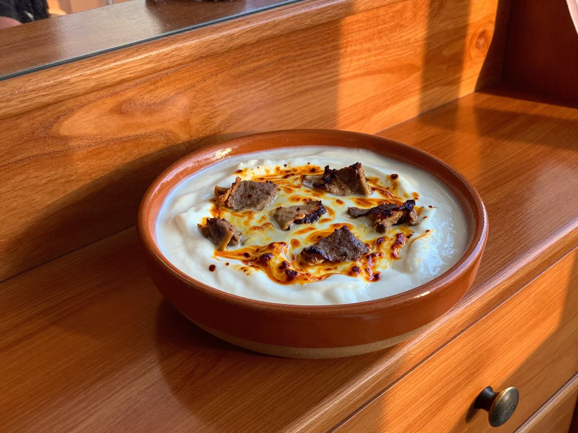 Albanian Tave Kosi Lamb in Yogurt Bowl in on a hotel dresser near Durg