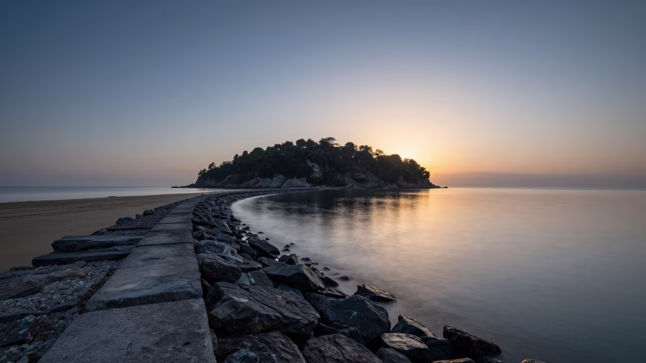 Albanian Tombolo Twilight Surreal Reflections in along a wave-cut shoreline in Albania