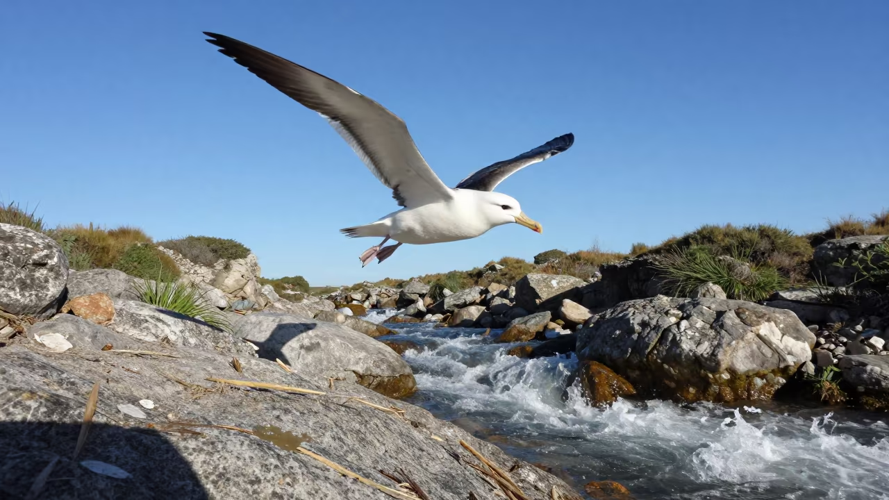 Albatross Soaring Over Catalan Glacial Stream in above a glacial stream in Catalonia