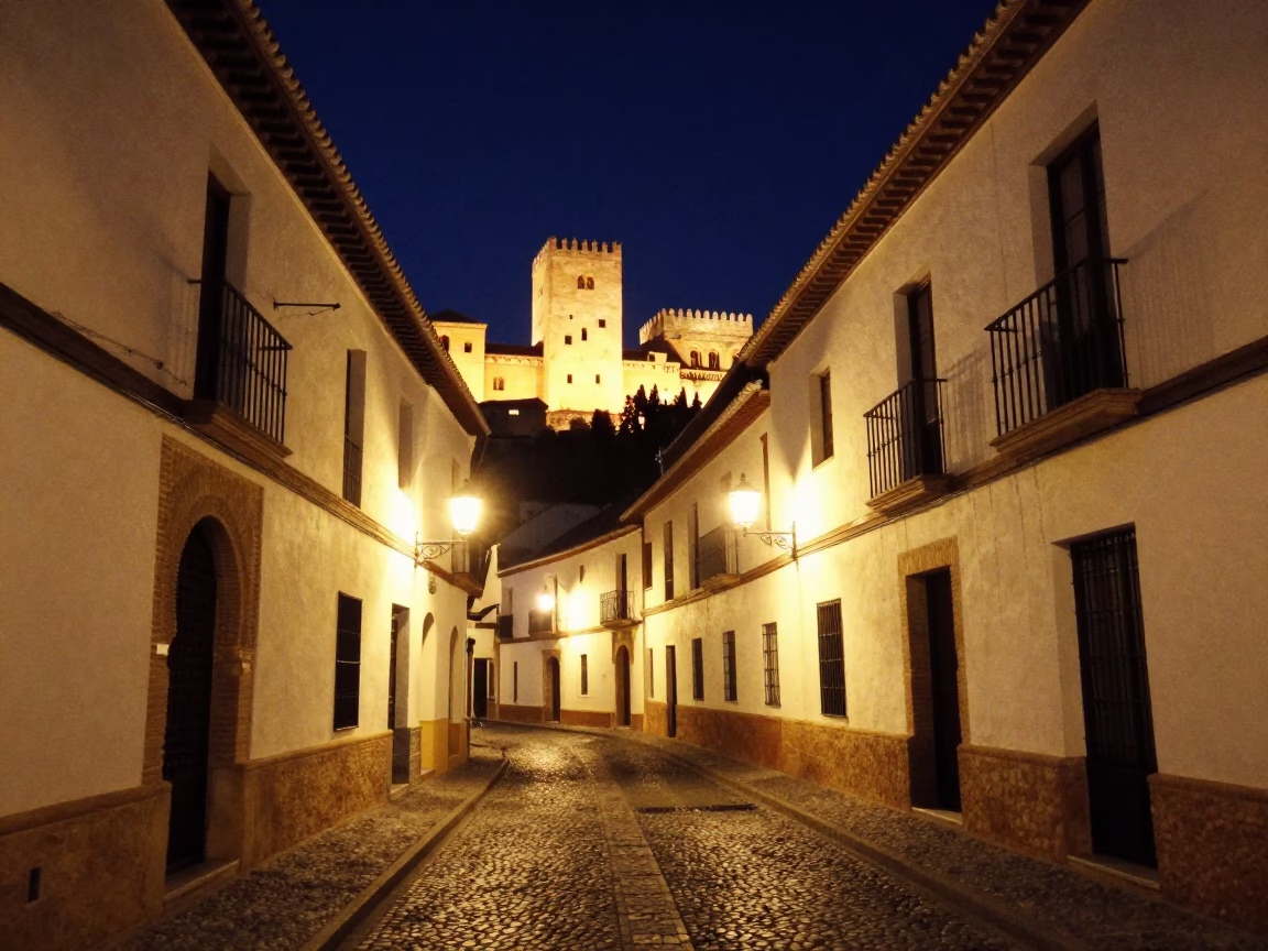 Albayzin Streets And Alhambra Palace Illuminated in Granada in in Granada, Spain