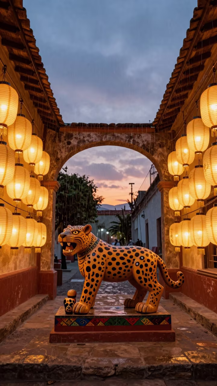 Alebrije Carver Painting Wooden Jaguar in Oaxaca Shrine in in a shrine lined with lanterns in Oaxaca