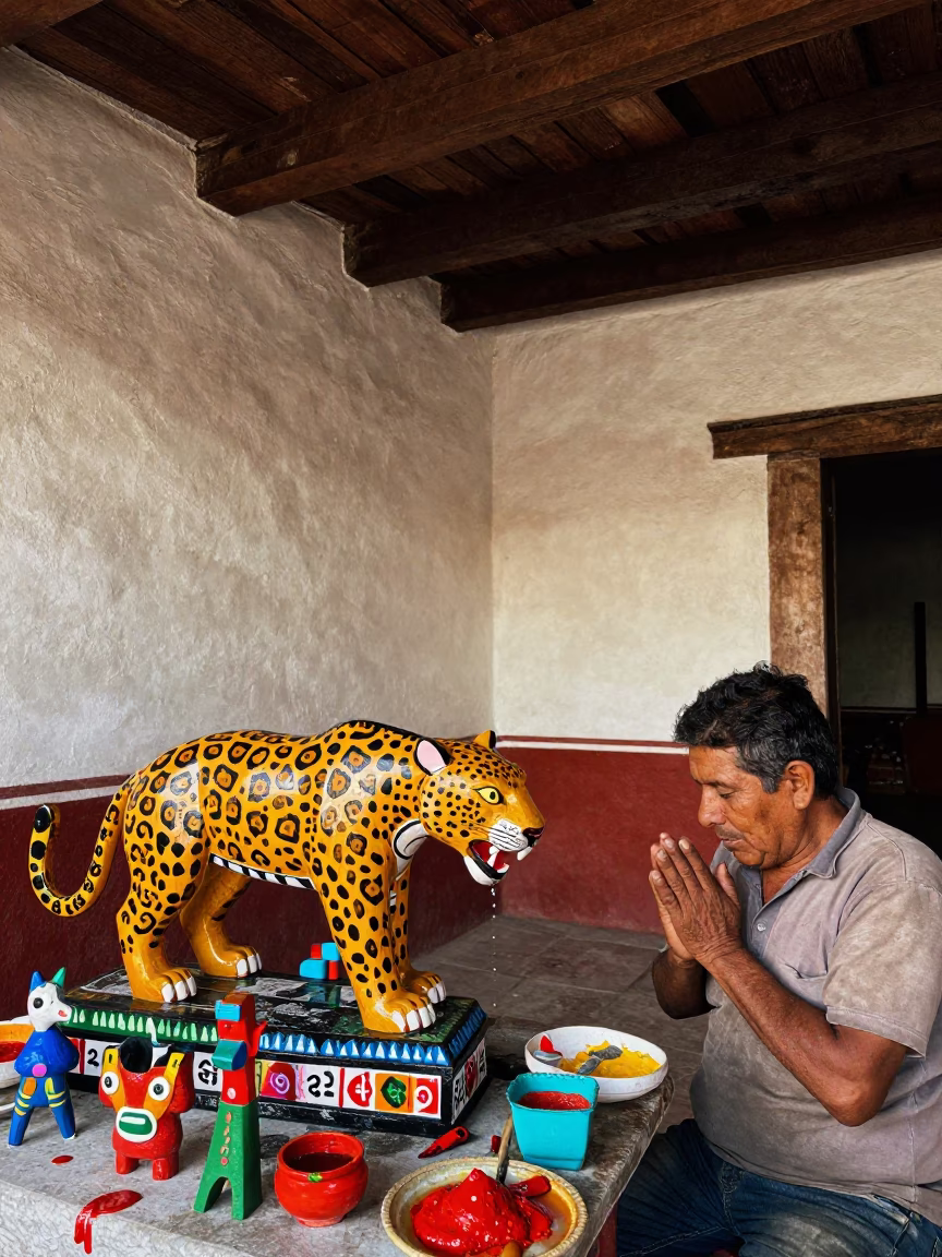 Alebrijes Carver Painting Wooden Jaguar in Guadalajara Hall in in a prayer hall near Guadalajara