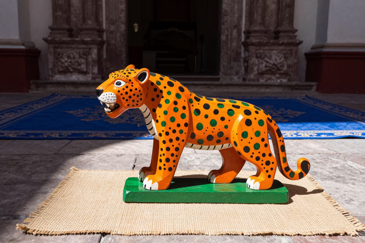 Alebrijes Carver Painting Wooden Jaguar in Puebla in in a prayer hall in Puebla